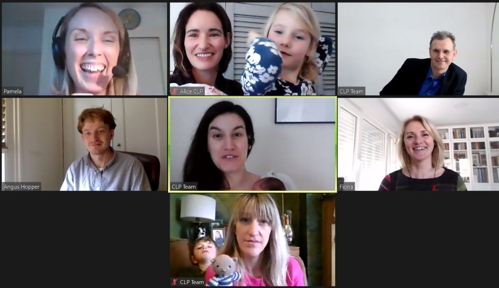 A screenshot of our most recent Zoom Team Social showing Pam, Alice (and daughter), Marcus, Angus, Chiara (and baby), Fiona and Catherine (and son).